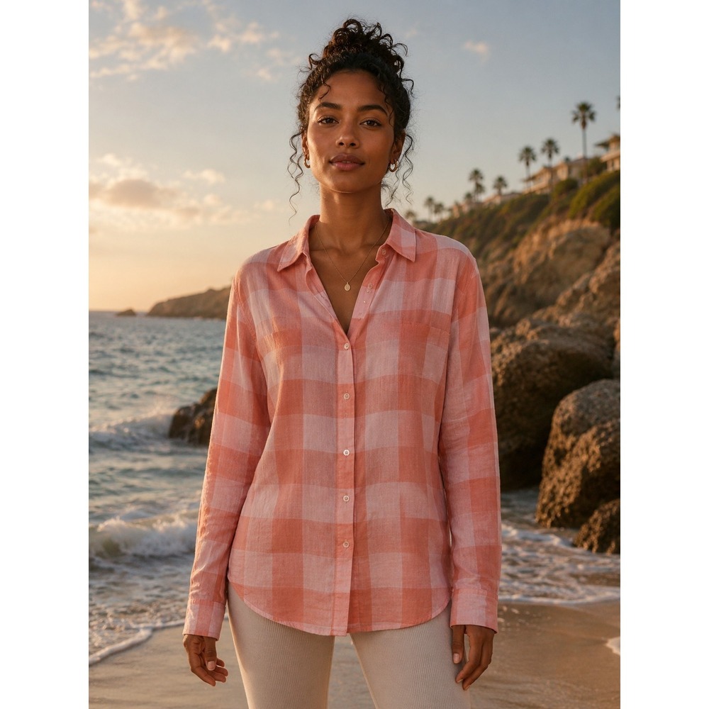 Garnet Hill Plaid Button Up Shirt Women's Size 4 Pink Coral Lightweight Coastal‎
